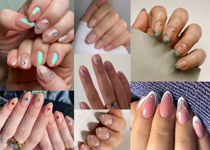 ideias de unhas decoradas simples com strass e pedrarias, pedrinhas